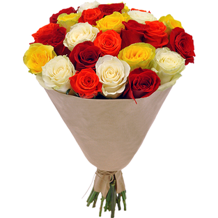 Букет из 25 разноцветных роз в упаковке