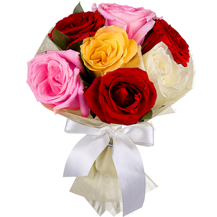 Букет из семи разноцветных роз в упаковке