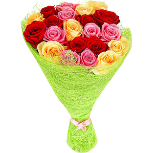 Букет из 21 разноцветной розы в уп.