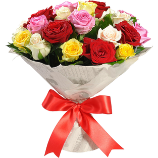 Букет из 23 разноцветных роз в упаковке