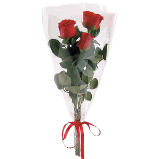 Букет из трех  красных роз в упаковке