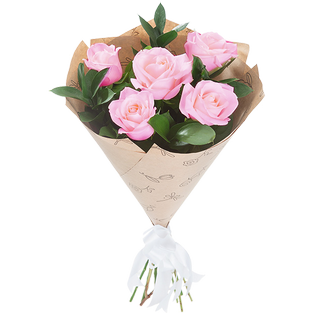 Букет из пяти розовых роз в упаковке