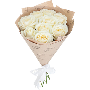 Букет из девяти белых роз в упаковке