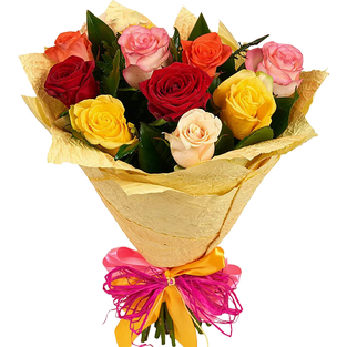 Букет из девяти разноцветных роз в упаковке